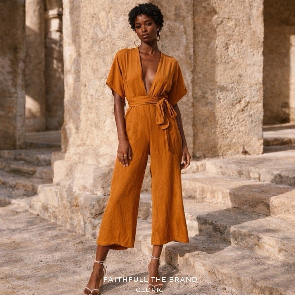 Faithfull The Brand Cedric Wide Leg Jumpsuit Plunge Neck Size 4 Small